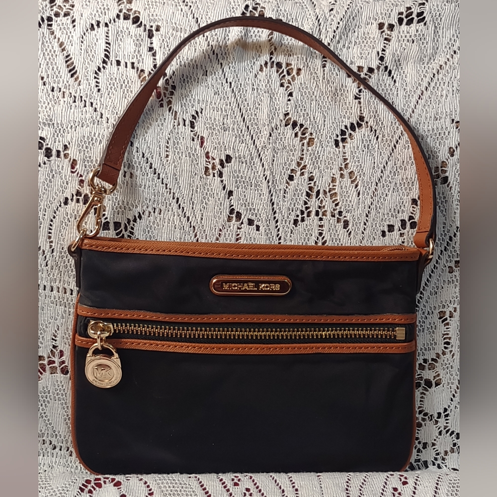Michael Kors Black and Brown Nylon Zip-Front Clutch/ Small Handbag